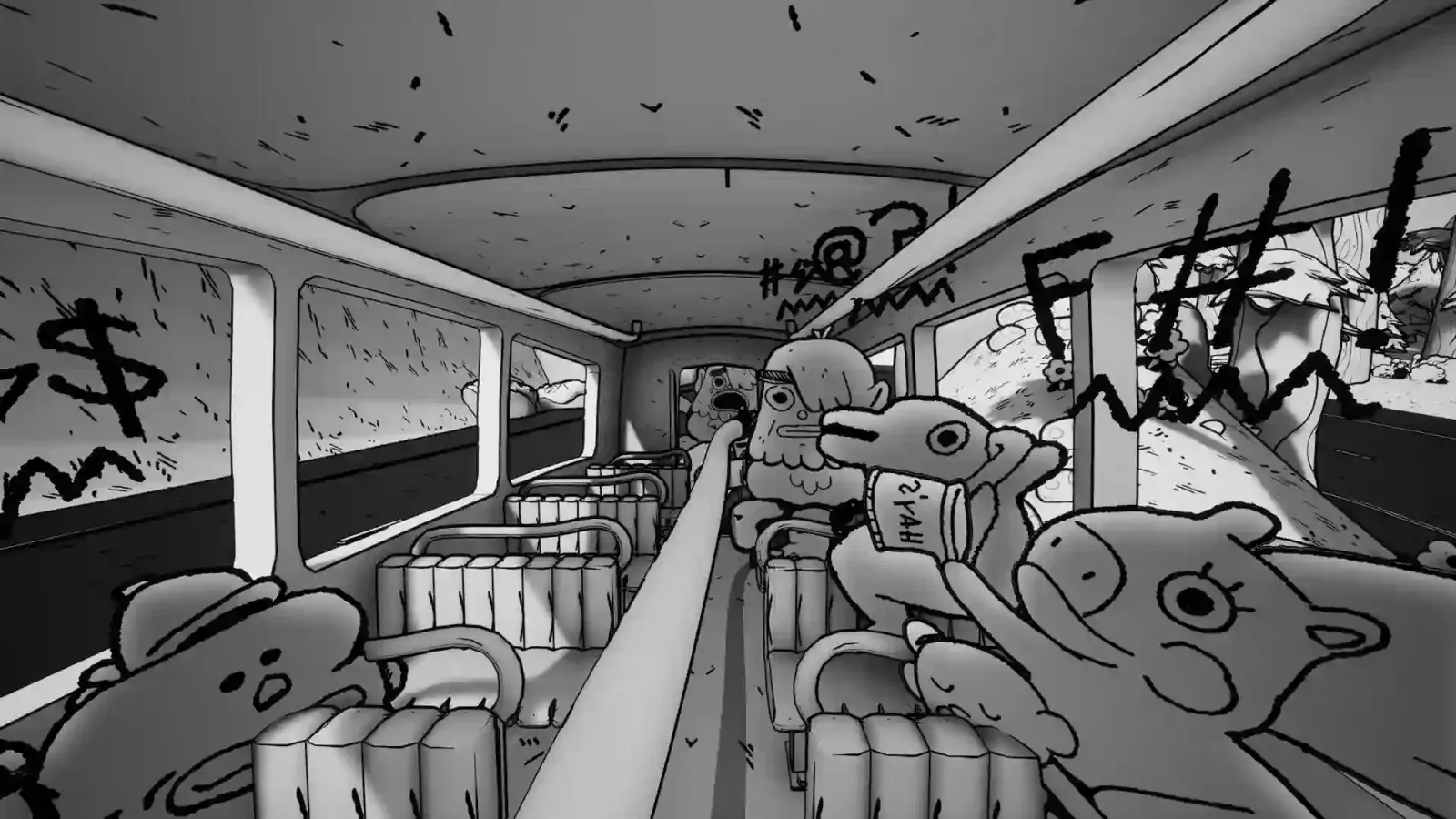Pasajeros enojados dentro del colectivo en Thank You Bus Driver, de Double Fine