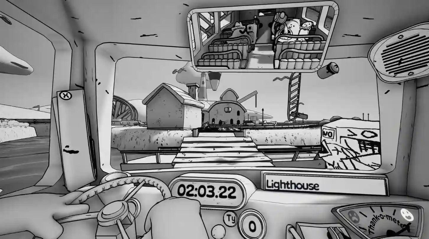 Vista desde el asiento del conductor en Thank You Bus Driver, el nuevo juego de Double Fine, con el cronómetro hasta la próxima parada en pantalla