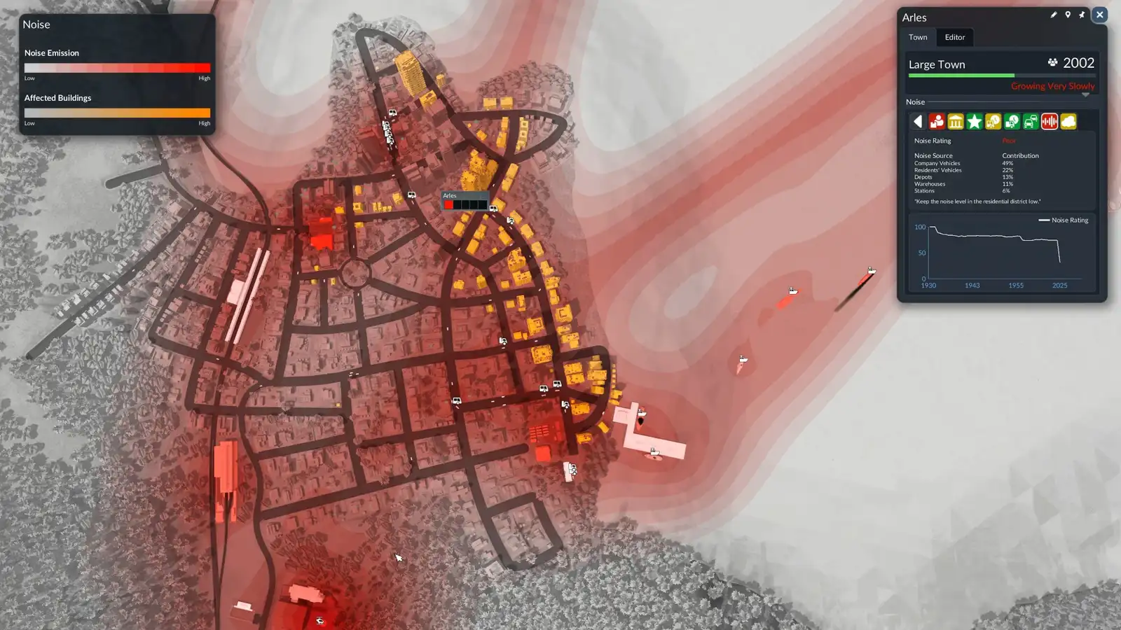 Capa de datos de ruido en Transport Fever 3: la ciudad de Arles teñida de rojo según la emisión de ruido, con el panel que desglosa sus fuentes