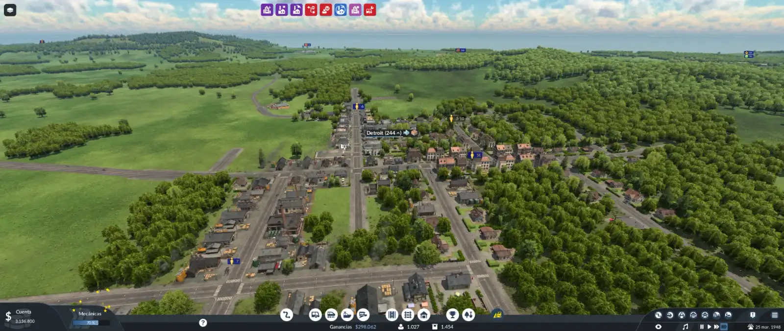 Vista aérea de Detroit en una misión de la campaña de Transport Fever 3 ambientada en 1948, con su zona industrial y barrios residenciales