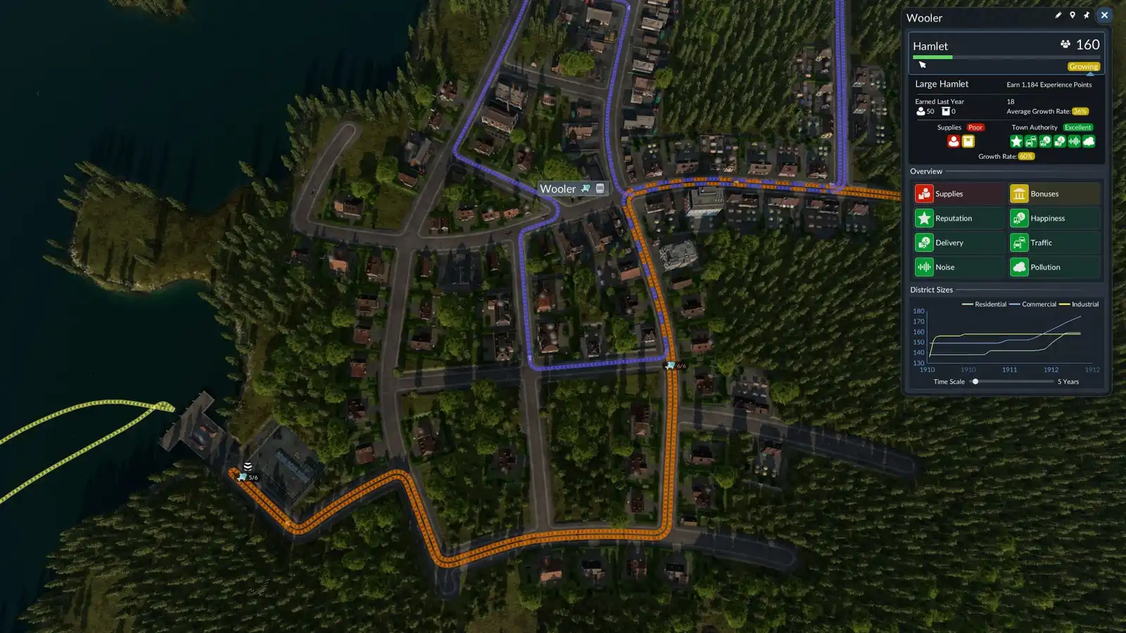 Pueblo de Wooler en Transport Fever 3 con dos líneas de colectivos marcadas en el mapa y su panel de estadísticas