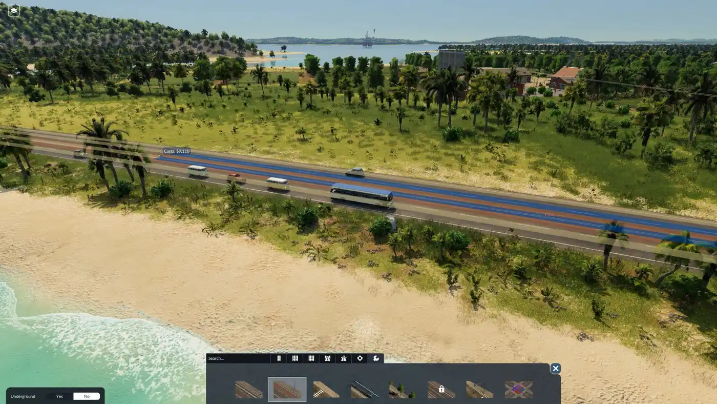 Colectivos y autos de época sobre una ruta costera junto a la playa en Transport Fever 3, con una plataforma petrolera en el horizonte