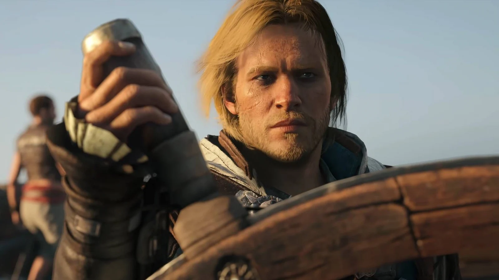 Edward Kenway al timón de su barco en Assassin's Creed Black Flag Resynced
