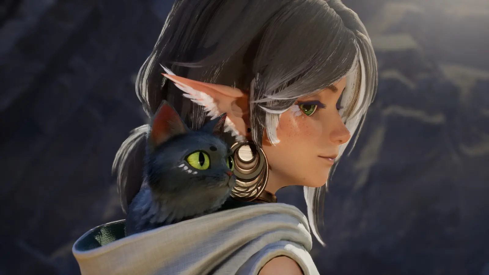 Molly lleva a Mio sobre el hombro en Ylem's Cat