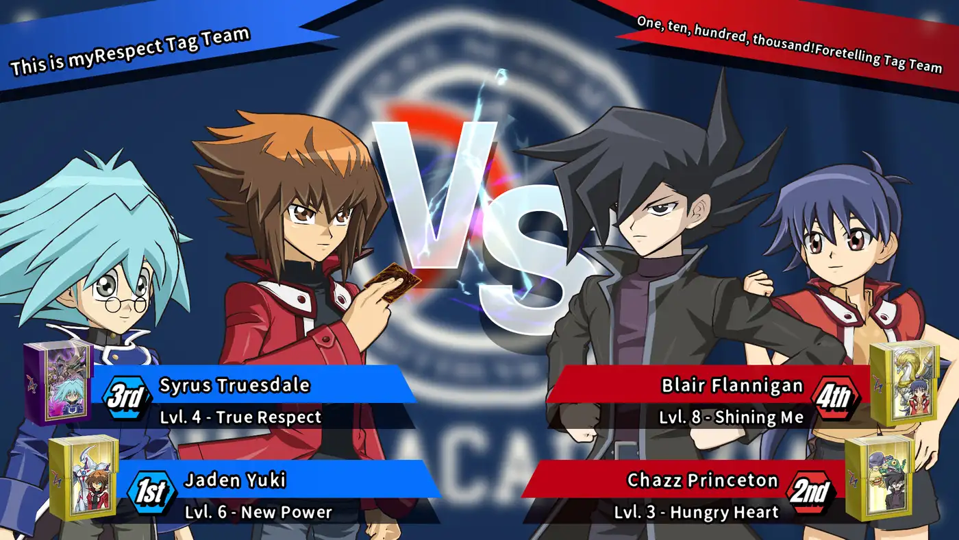Pantalla de Tag Duel de Yu-Gi-Oh! Tag Force GX con Jaden Yuki y Syrus Truesdale enfrentando a Blair Flannigan y Chazz Princeton
