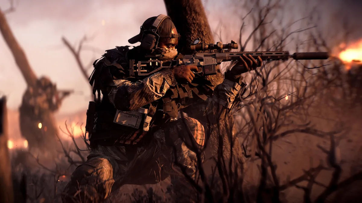 Francotirador apuntando en un bosque quemado, arte oficial de la saga Battlefield