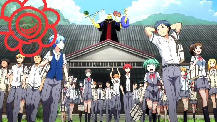 Los alumnos de Assassination Classroom frente a la escuela, con su profesor en el techo