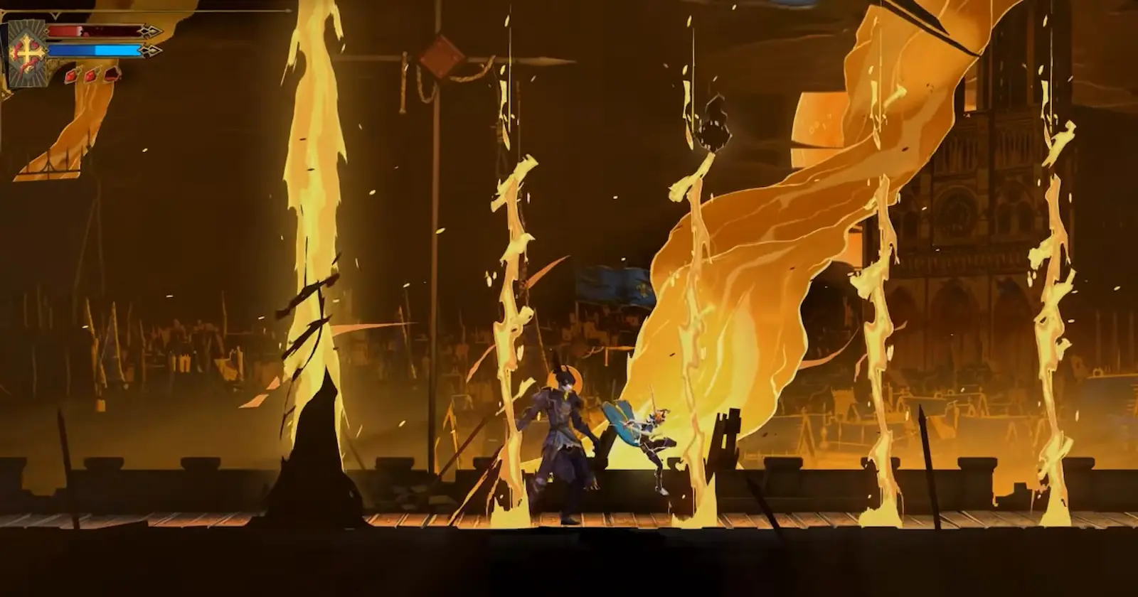 Columnas de fuego se levantan en la arena de Juana de Arco en Castlevania: Belmont's Curse