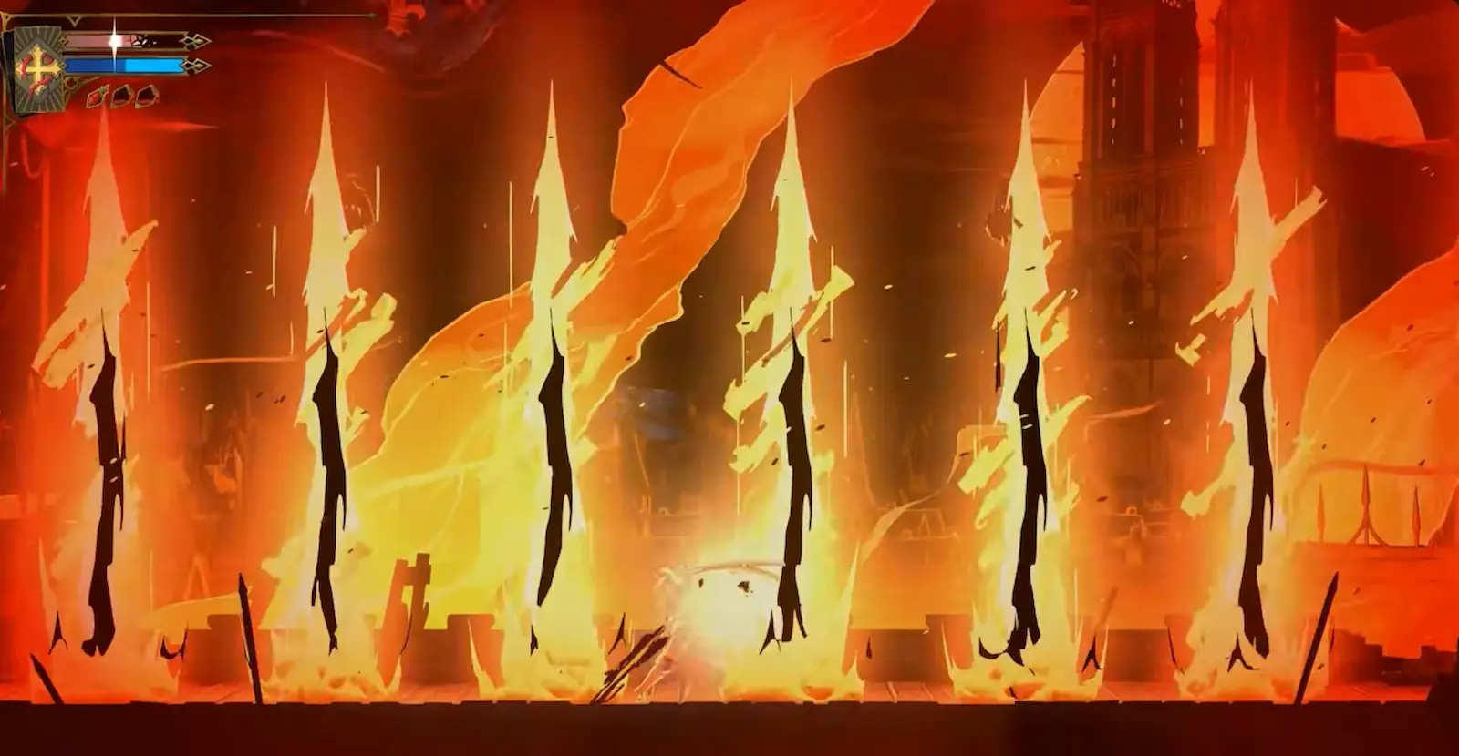Lluvia de columnas de fuego en la pelea contra Juana de Arco en Castlevania: Belmont's Curse