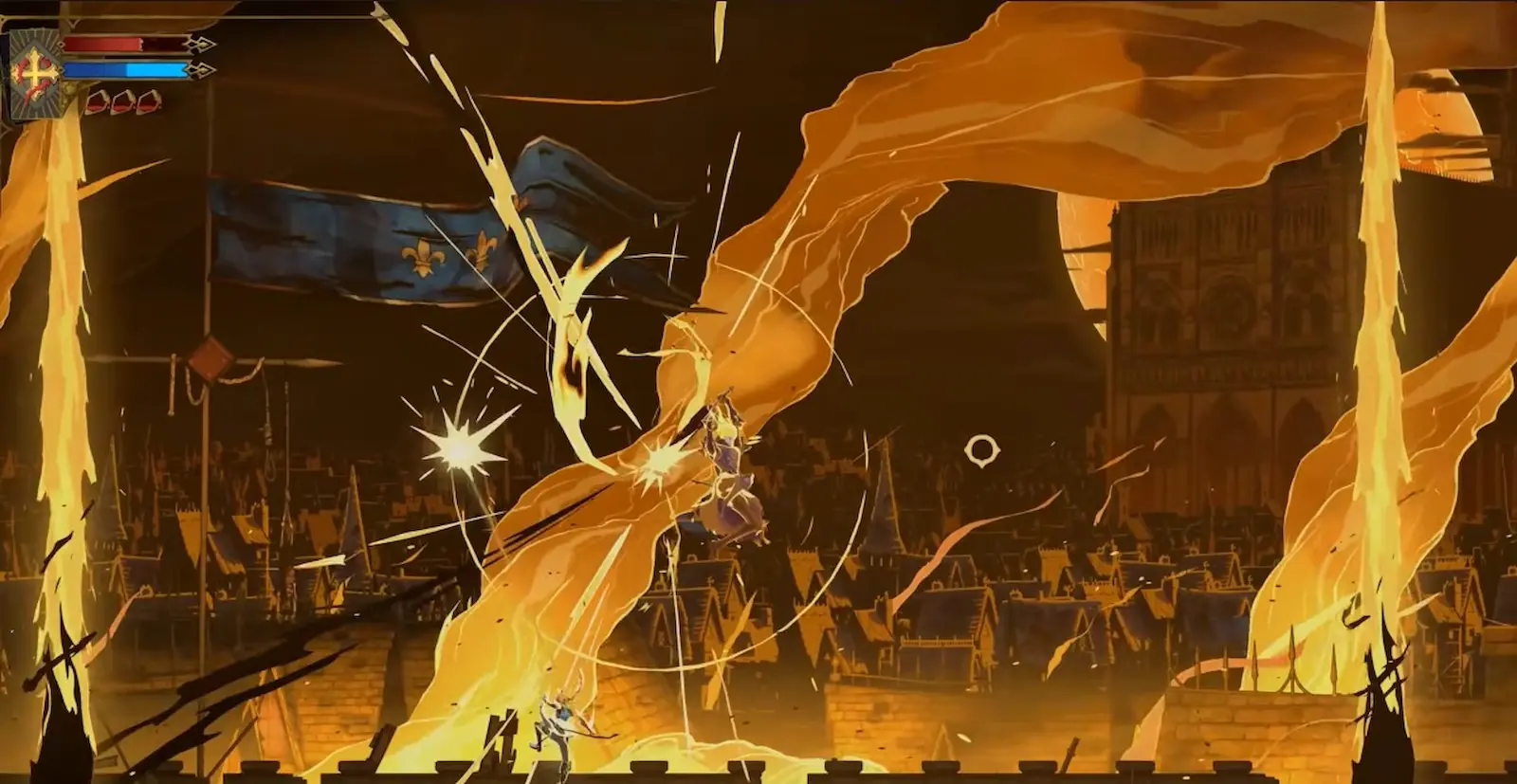 Rose Belmont ataca a Juana de Arco en la arena en llamas de Castlevania: Belmont's Curse