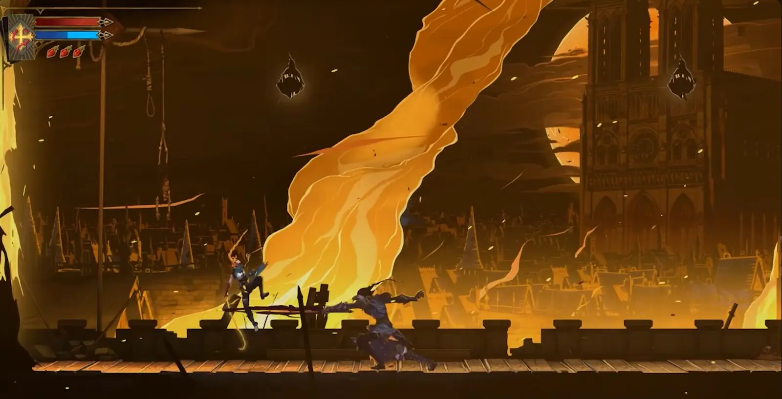 Rose Belmont pelea contra Juana de Arco en el techo de la Prison Tower en Castlevania: Belmont's Curse