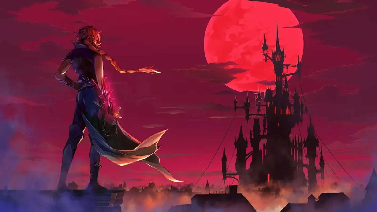 Rose Belmont de espaldas frente al castillo de Drácula bajo una luna roja, en el arte oficial de Castlevania: Belmont's Curse