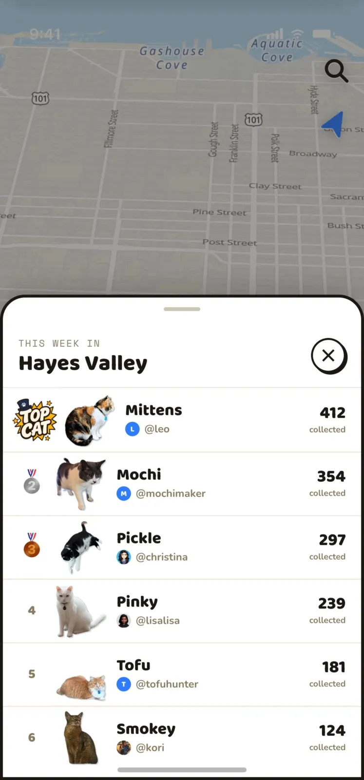Ranking semanal de Cat Collector con los gatos más coleccionados de un barrio