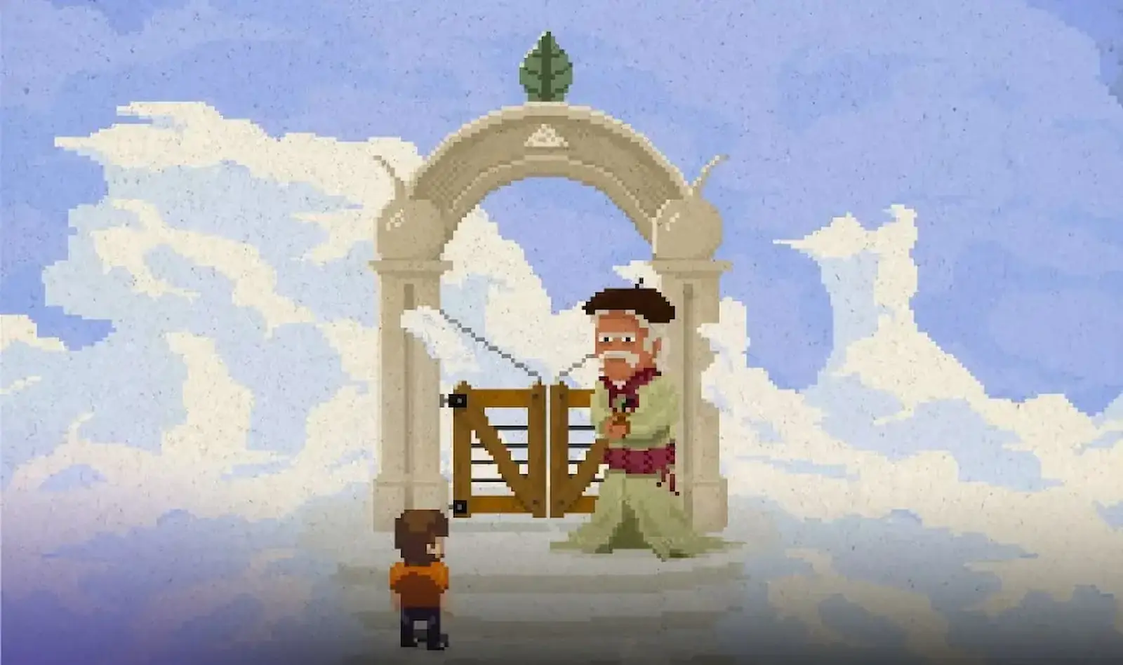 El protagonista de Cebador frente a las puertas del Cielo del Mate, en pixel art