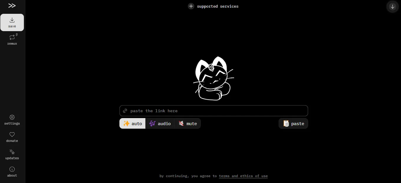 Pantalla principal de cobalt.tools con el campo para pegar el link y los modos auto, audio y mute