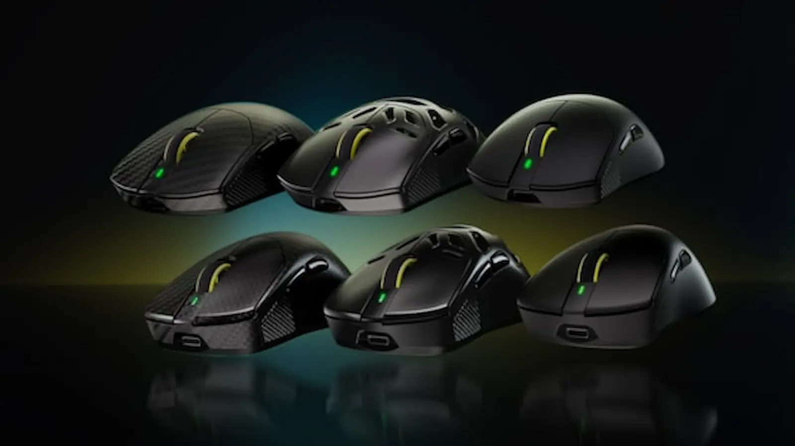 Los seis modelos de la serie Corsair SABRE v3 PRO PureVector, en versiones simétricas y ergonómicas, sobre un fondo oscuro