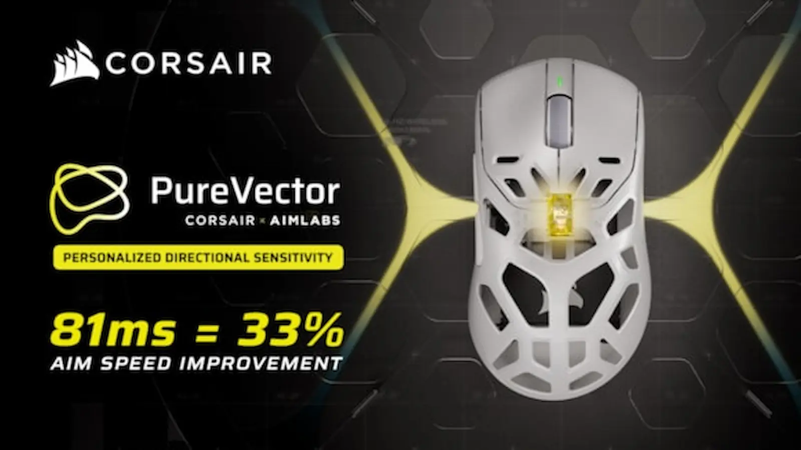 Placa oficial de Corsair y Aimlabs con un mouse SABRE v3 PRO calado y la cifra de 81 ms y 33% de mejora en la velocidad de apuntado