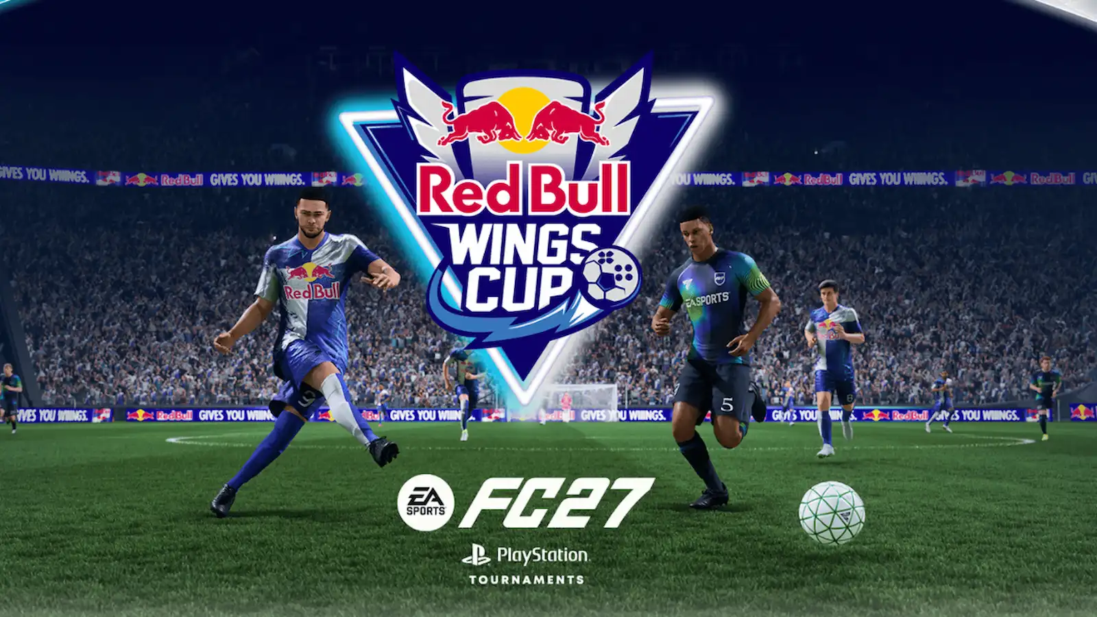 Arte oficial de la Red Bull Wings Cup de EA Sports FC 27 con jugadores en un estadio