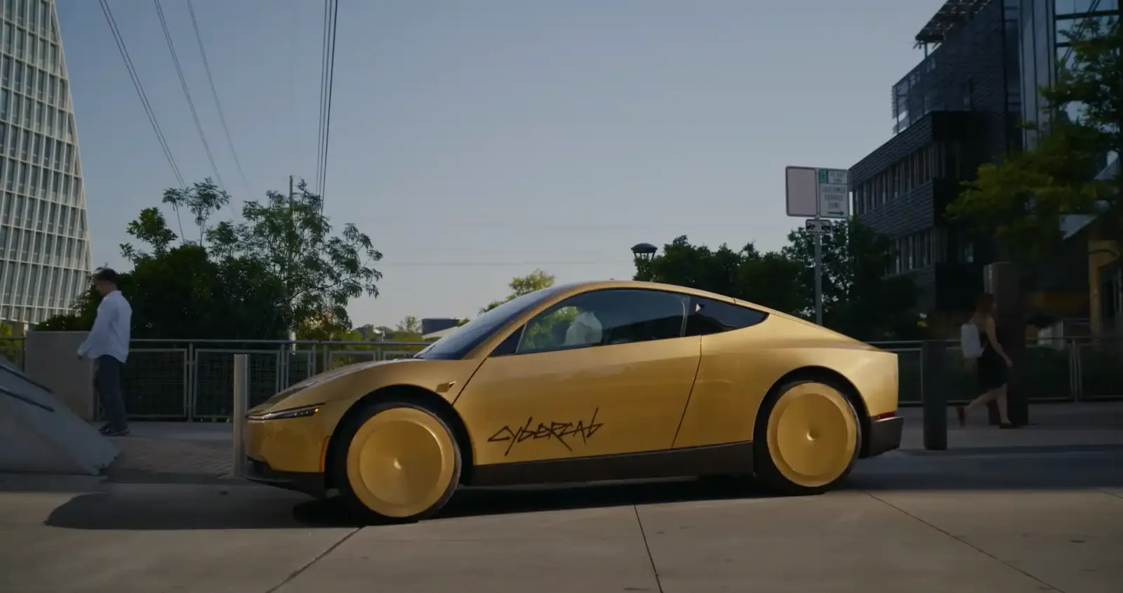 Cybercab, el vehículo autónomo de Tesla que se utiliza como robotaxi, estacionado en la calle
