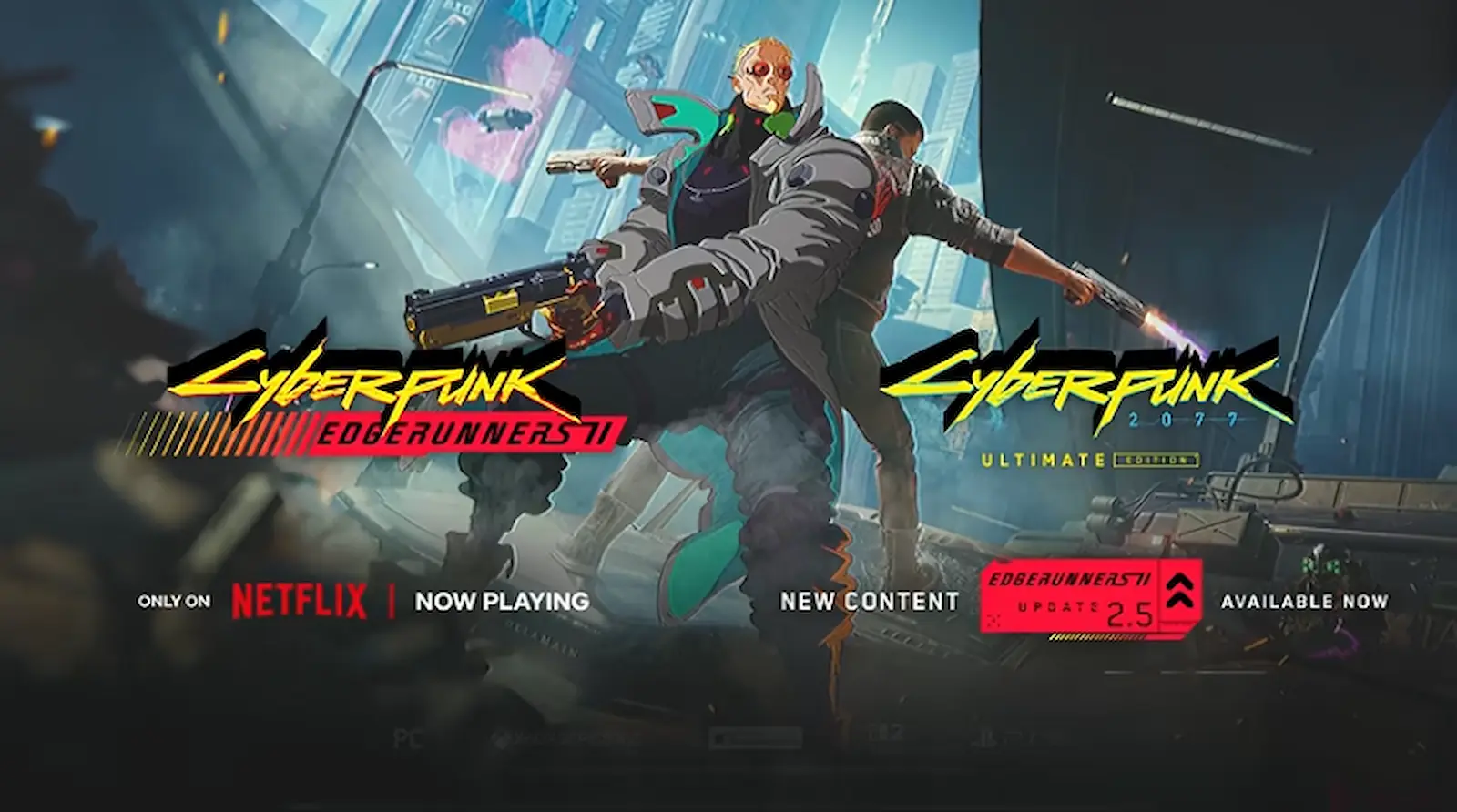 Arte oficial de la actualización 2.5 de Cyberpunk 2077 con dos personajes disparando pistolas junto al logo de Edgerunners 2