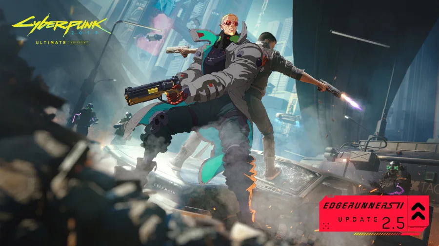 Ilustración oficial de la actualización 2.5 de Cyberpunk 2077, con dos personajes disparando con pistolas en Night City