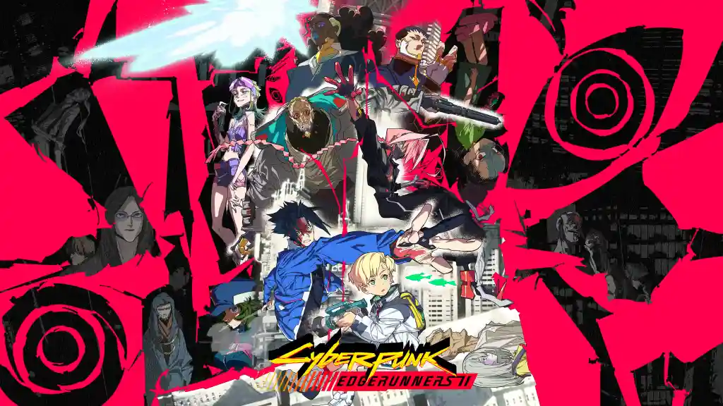 Arte promocional oficial de Cyberpunk: Edgerunners 2 con los personajes del nuevo elenco sobre un fondo rojo