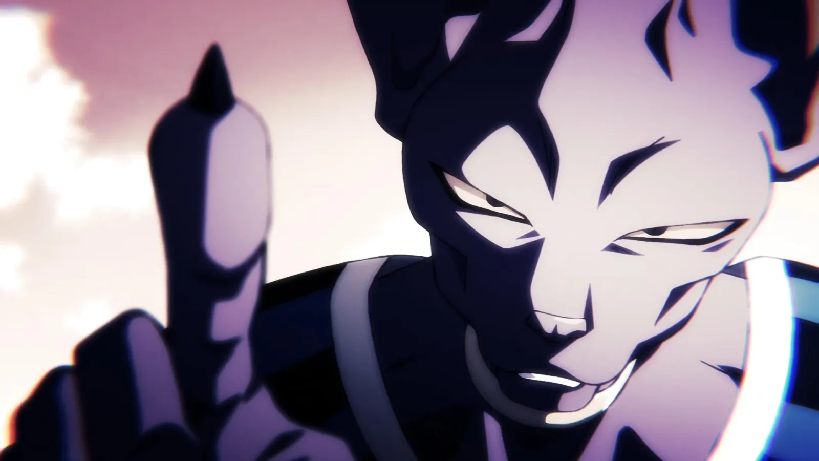 Beerus, el Dios de la Destrucción, mirando al frente y señalando con su dedo