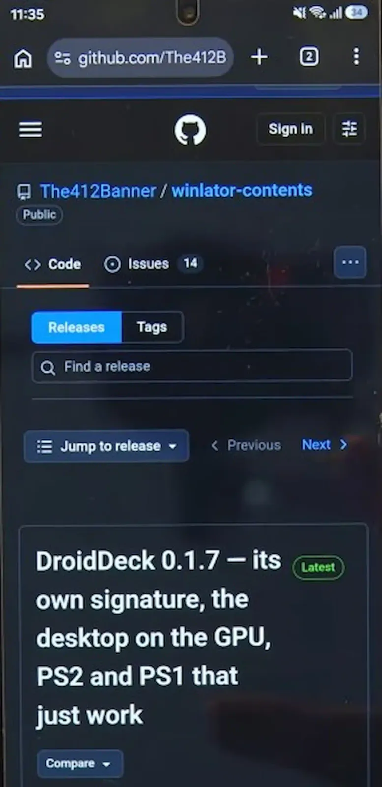 Repositorio winlator-contents de The412Banner en GitHub con la versión DroidDeck 0.1.7