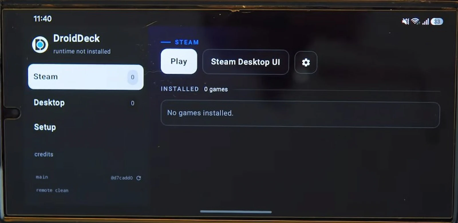 Menú principal de DroidDeck con los apartados Steam, Desktop y Setup