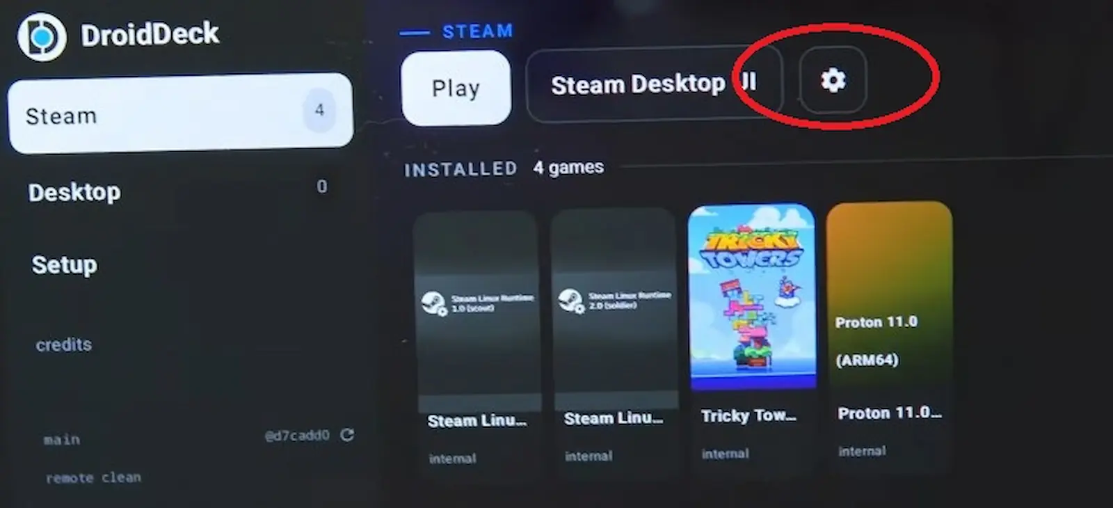 Botón de configuración de la sesión de Steam en DroidDeck