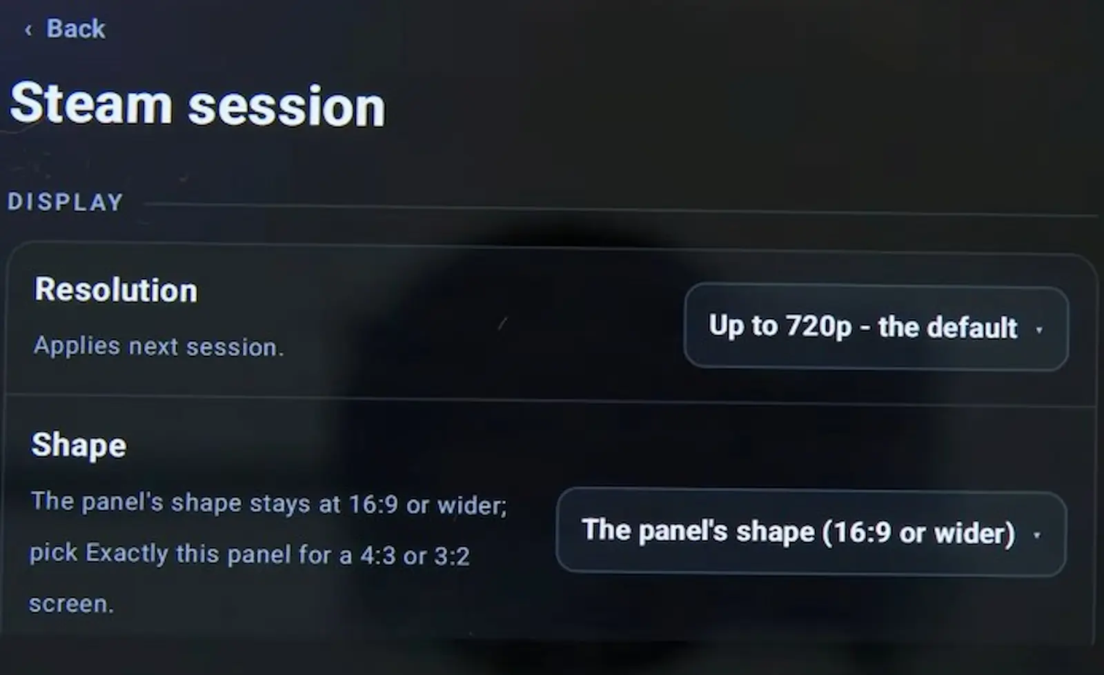Opciones de resolución y formato de pantalla de la sesión de Steam en DroidDeck