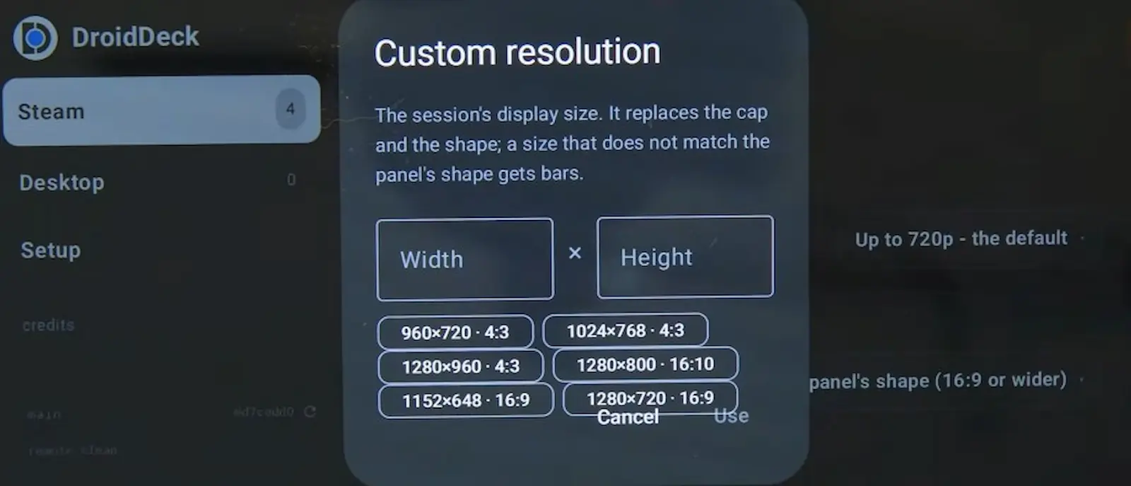 Menú de resolución personalizada en DroidDeck
