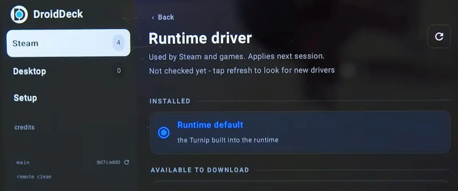 Selección del Runtime driver en DroidDeck