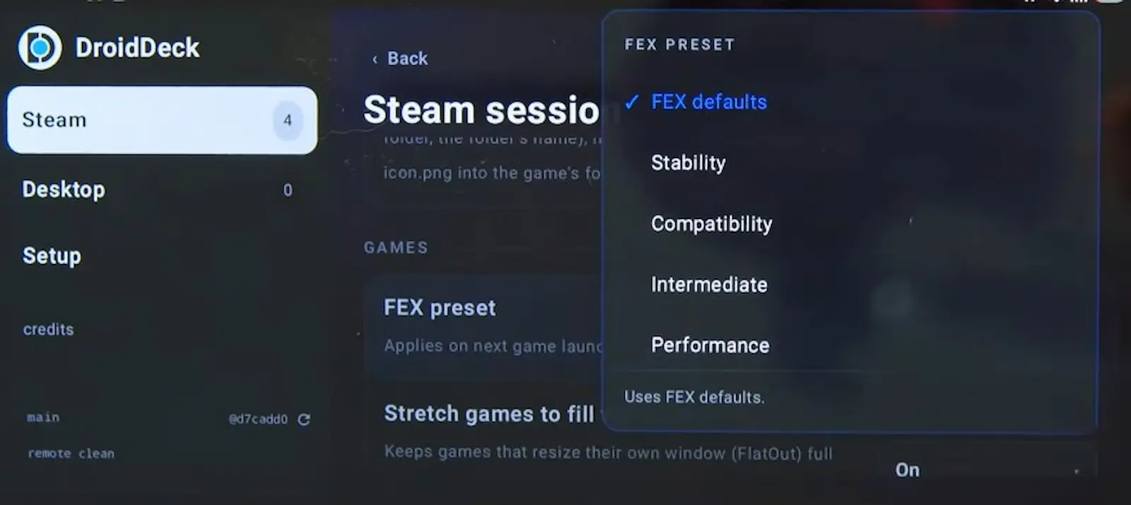 Opciones de FEX preset en DroidDeck: Stability, Compatibility, Intermediate y Performance