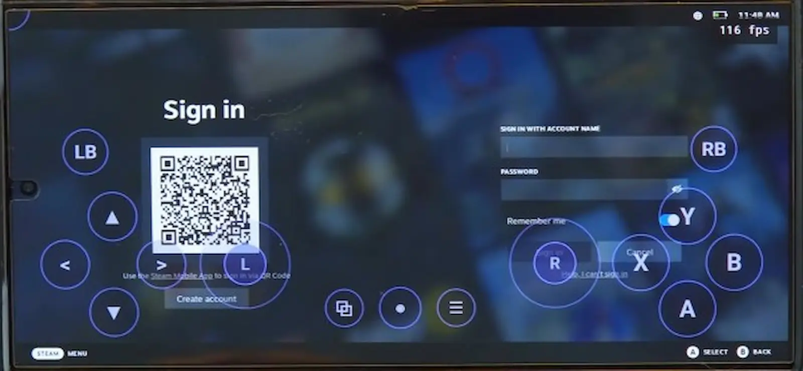 Pantalla de inicio de sesión de Steam dentro de DroidDeck, con código QR