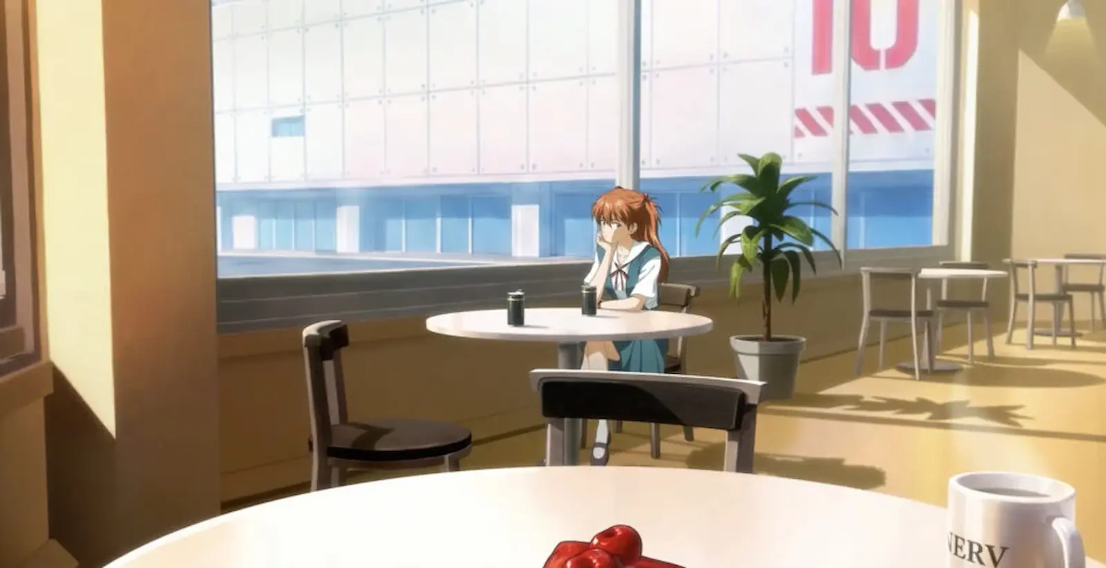 Asuka sentada en la cafetería de NERV en Evangelion: Δ Cross Reflections, el juego de Evangelion VR de Pixelity