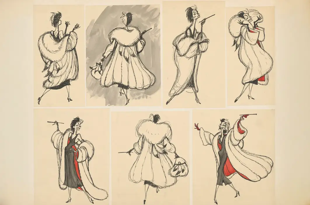 Dibujos de Cruella de Vil presentes en la muestra de Walt Disney Animation Studios: La magia de crear