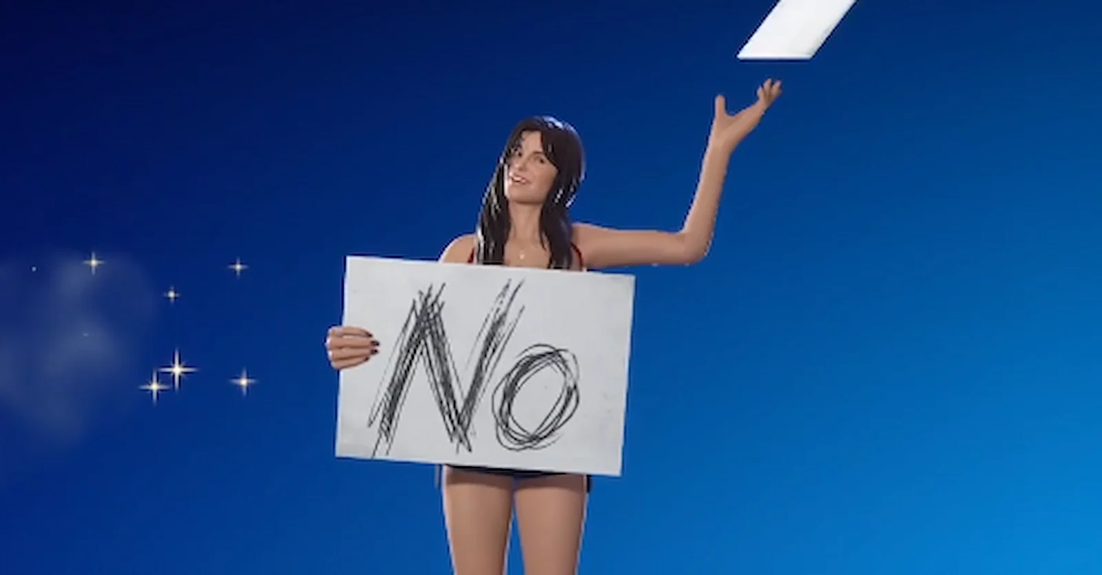 Gesto No, no, no de Nikki en Fortnite, con el cartel que dice No