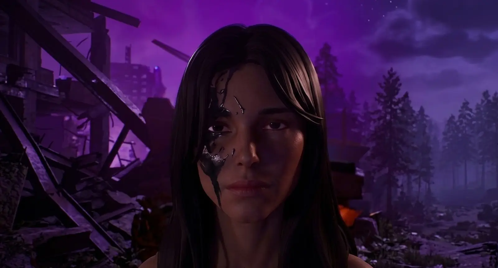 Nikki de Obsession en Fortnite con el estilo mancha, en un escenario nocturno
