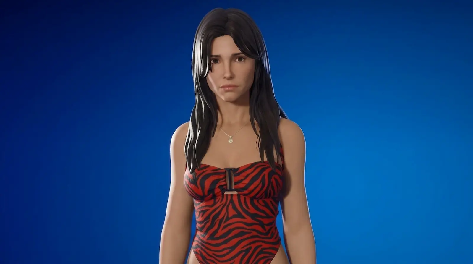 Skin de Nikki de Obsession en Fortnite, primer plano con el top rojo de rayas negras