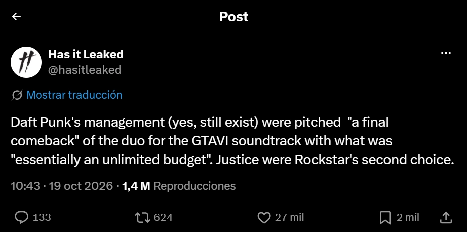 Publicación de la cuenta Has It Leaked en X sobre la propuesta de un último regreso de Daft Punk para el soundtrack de GTA 6