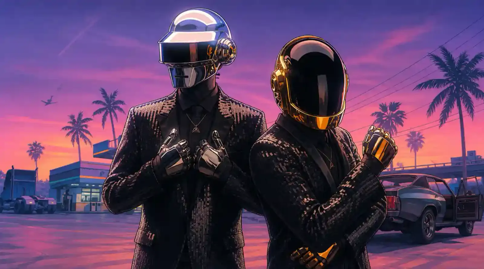 Ilustración generada con IA de Daft Punk, con sus cascos plateado y dorado, en un escenario al estilo de Vice City de GTA 6