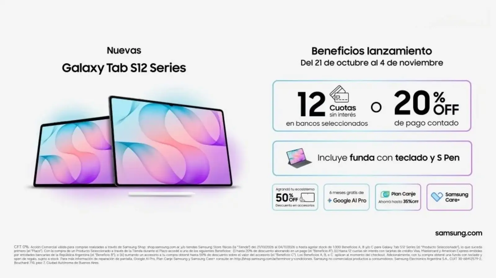 Placa oficial de Samsung con los beneficios de lanzamiento de la Galaxy Tab S12 Series en Argentina: cuotas sin interés, 20% de descuento por pago contado y funda con teclado y S Pen