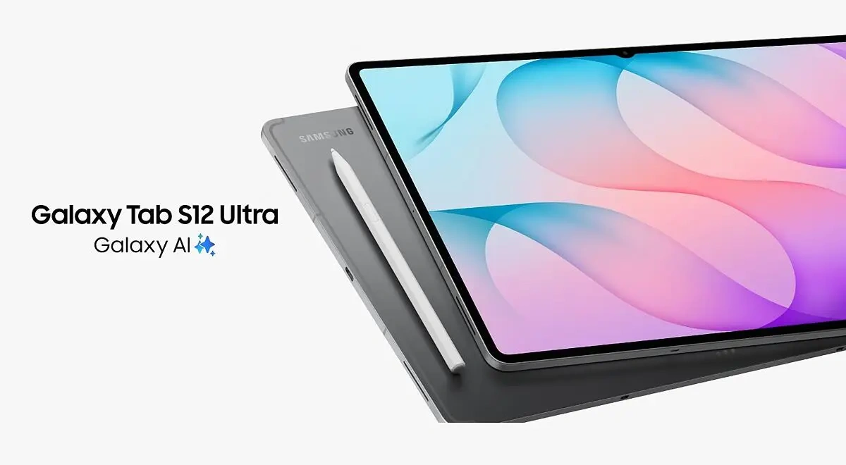 Render oficial de la Galaxy Tab S12 Ultra de Samsung en color gris con el S Pen