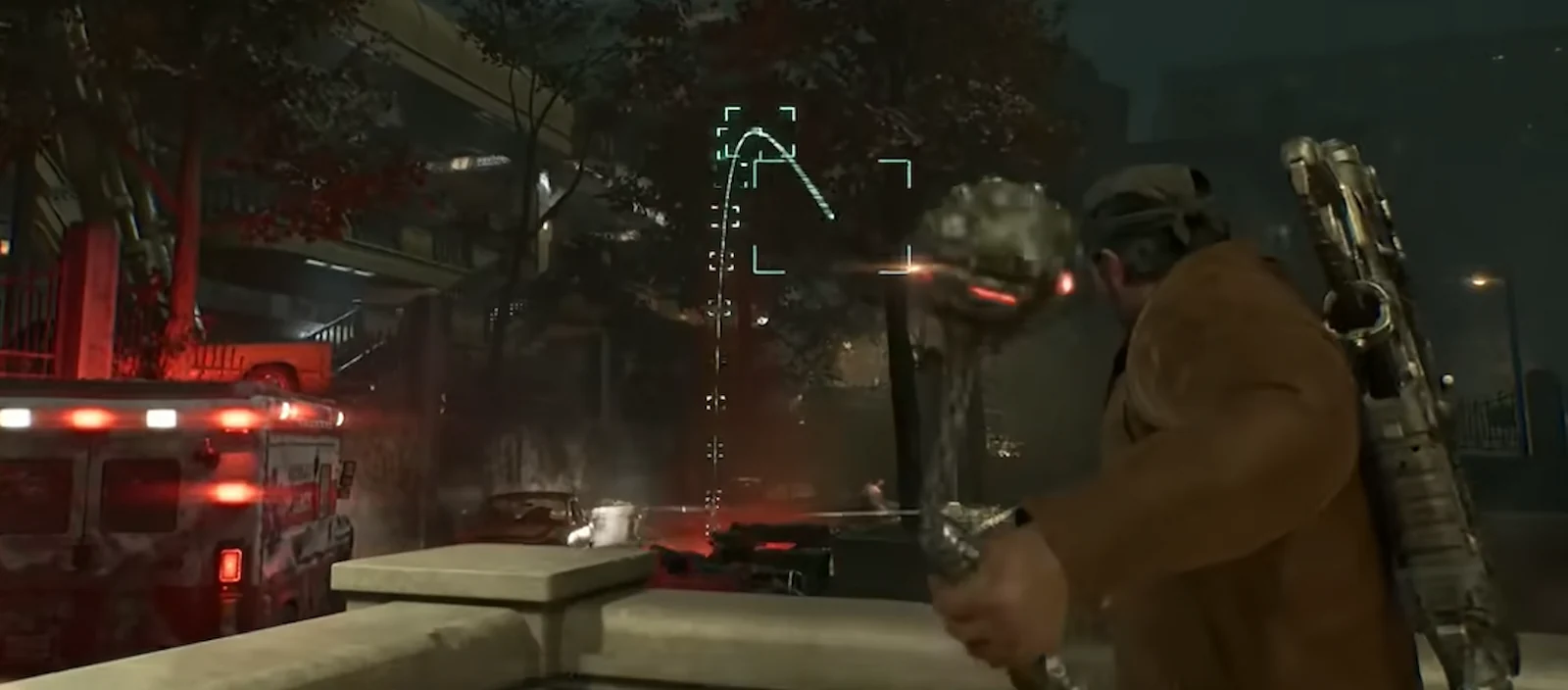 Un soldado apunta una granada con la trayectoria marcada en Gears of War: E-Day