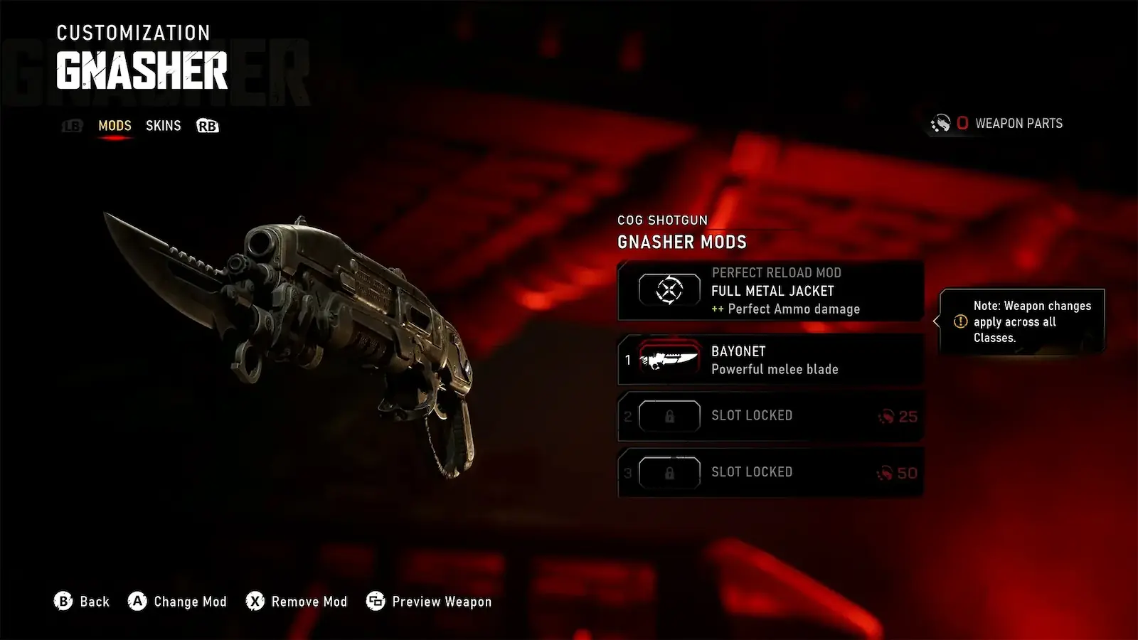 Menú de mods de la escopeta Gnasher en Gears of War: E-Day, con la bayoneta y Full Metal Jacket