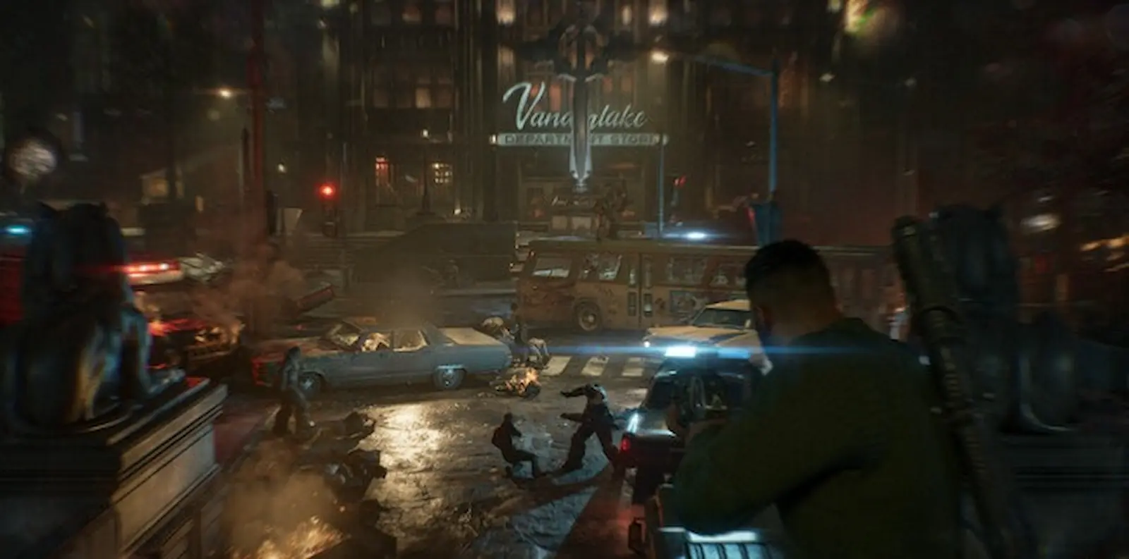 Combate nocturno en una calle de Kalona en Gears of War: E-Day