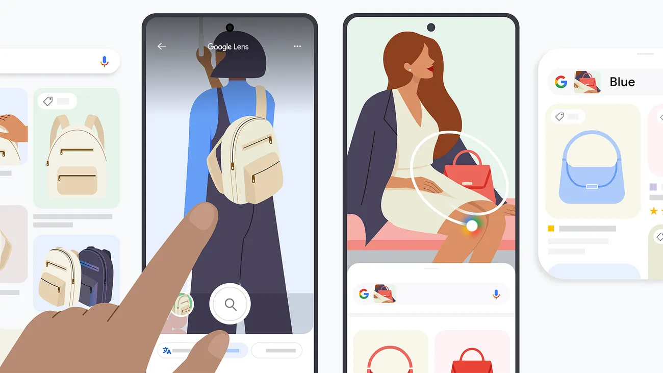 Ilustración de Google Lens con celulares que buscan una mochila y una cartera a partir de una imagen