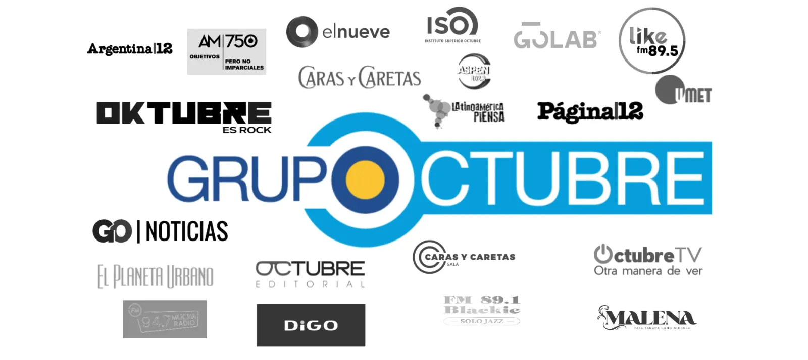Logos de los medios de Grupo Octubre, entre ellos El Nueve, Página/12, AM 750 y Caras y Caretas