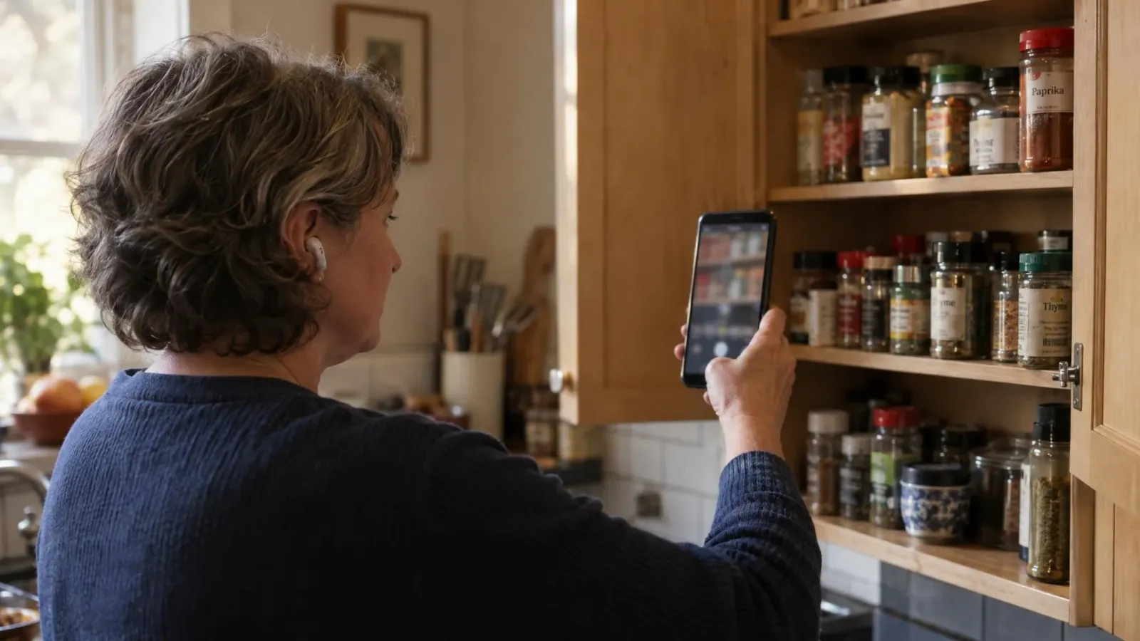 Mujer apunta la cámara del celular a un estante de especias para usar Guided Vision de Gemini